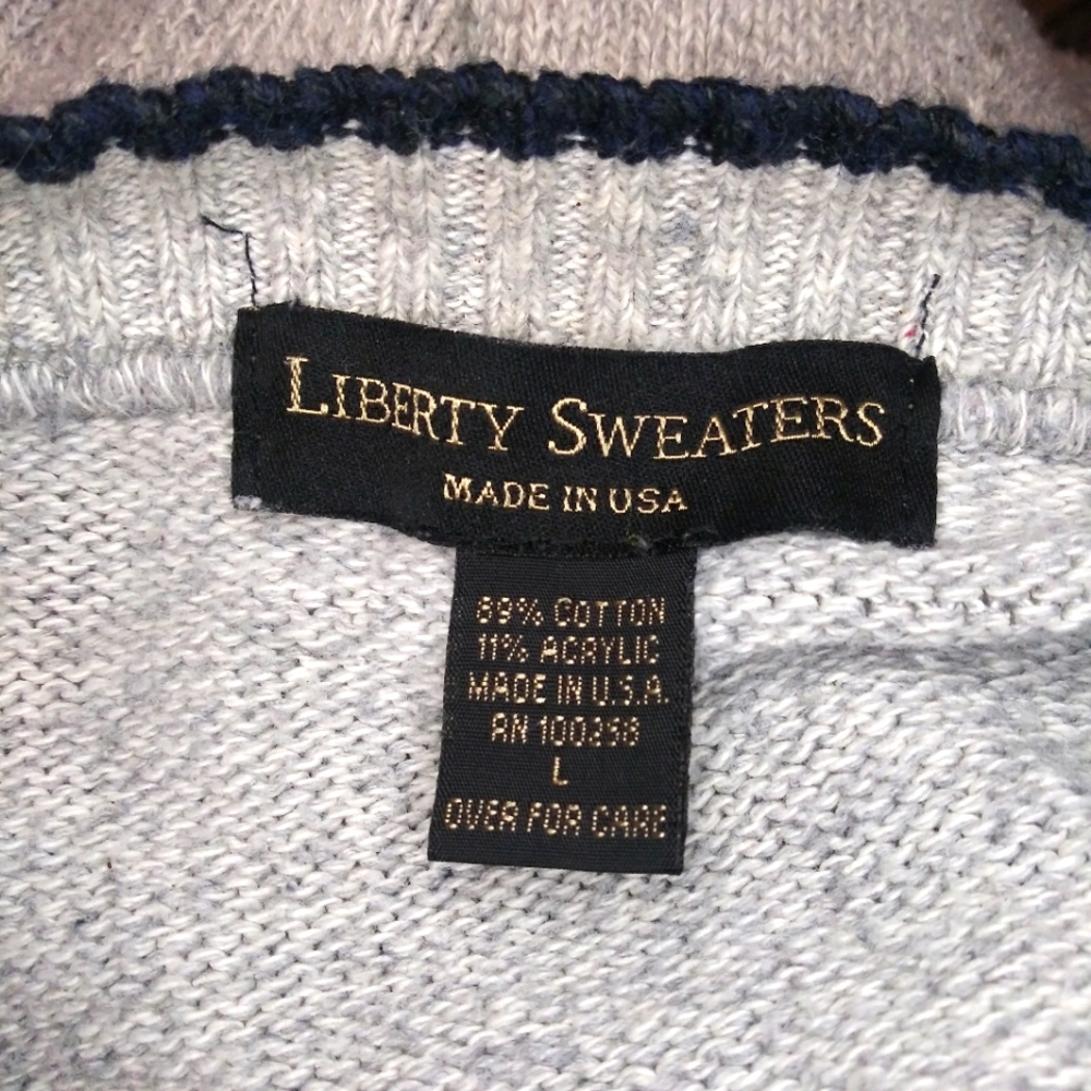 Vintage Liberty Sweaters Gray, White Marled Sweater With Olive/Navy Chest Stripe - Picture 6 of 8